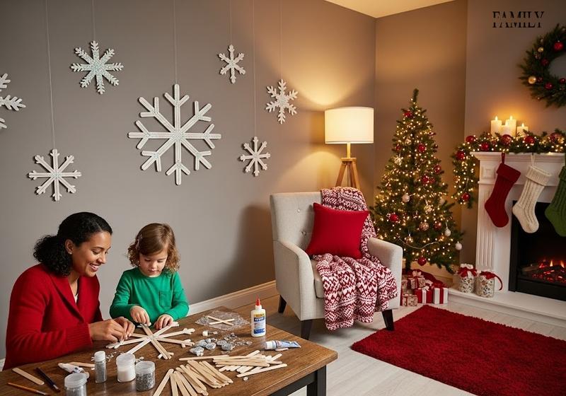 Family-friendly Christmas living room with floating popsicle stick snowflake wall art and kids crafting holiday decorations.