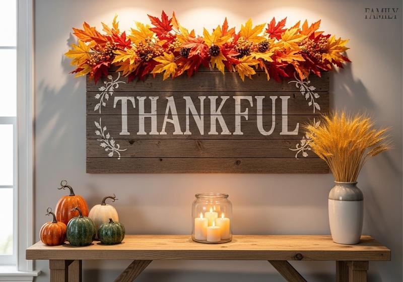 Thanksgiving wall decor with reclaimed wood 'Thankful' sign, fall leaves, pumpkins, and candles.