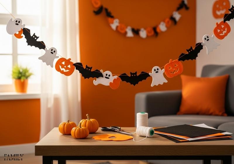 Handmade Halloween felt garlands with ghosts, bats, and pumpkins on an orange wall