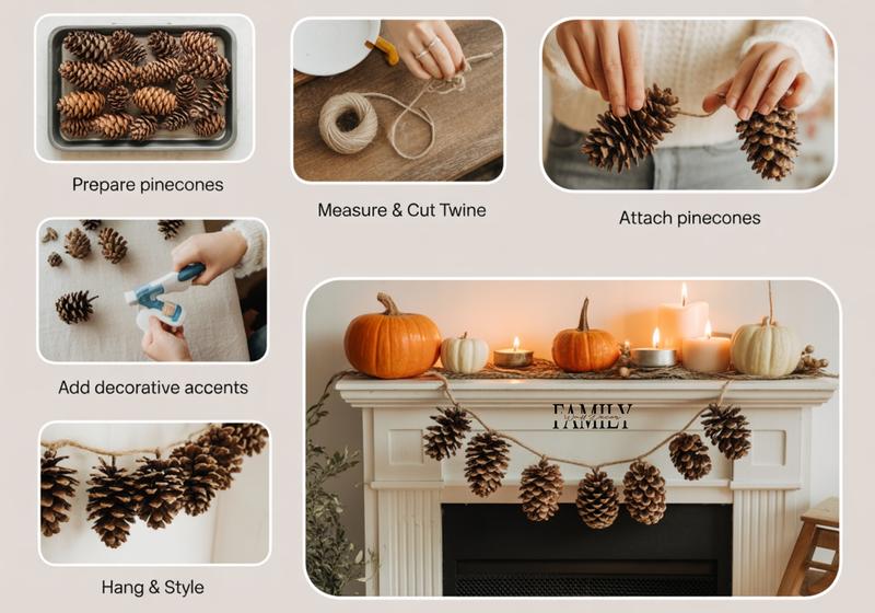 Step-by-step Thanksgiving pinecone garland tutorial collage