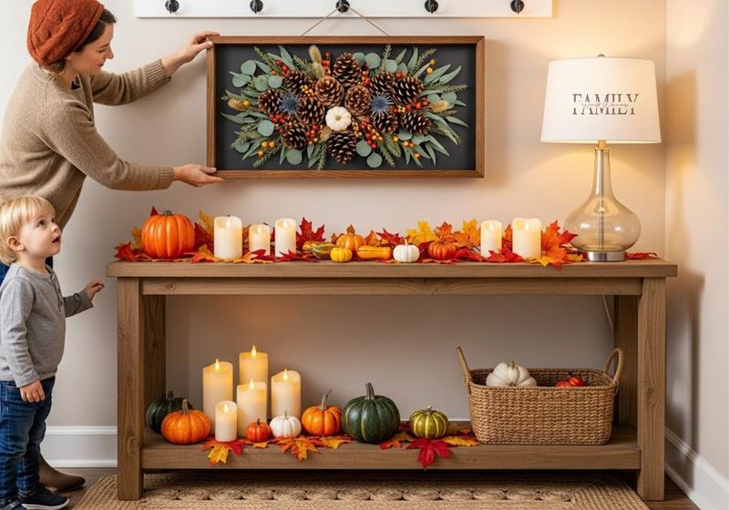 Person hanging a pinecone bouquet shadow box frame on a Thanksgiving entryway wall with pumpkins, candles, and autumn accents