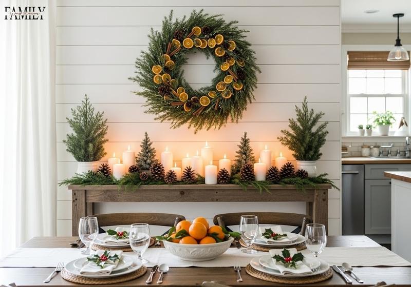 Farmhouse kitchen with a rustic Christmas wreath made of dried oranges and cinnamon sticks above a wooden shelf decorated with candles and pinecones.