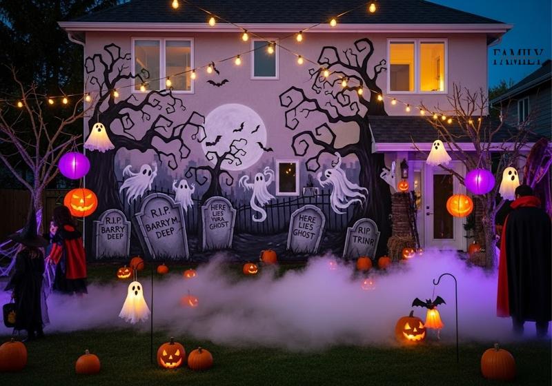 Outdoor Halloween party with haunted graveyard wall mural, pumpkins, lanterns, fog, and costumed guests enjoying the spooky decorations.