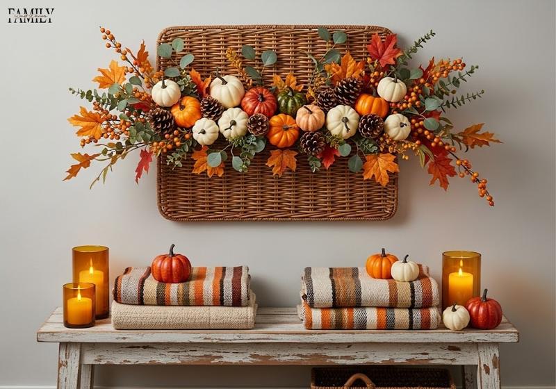 Rustic wicker basket wall accent filled with pumpkins, pinecones, and fall greenery above a bench decorated with striped blankets, small pumpkins, and candles for a cozy Thanksgiving display.