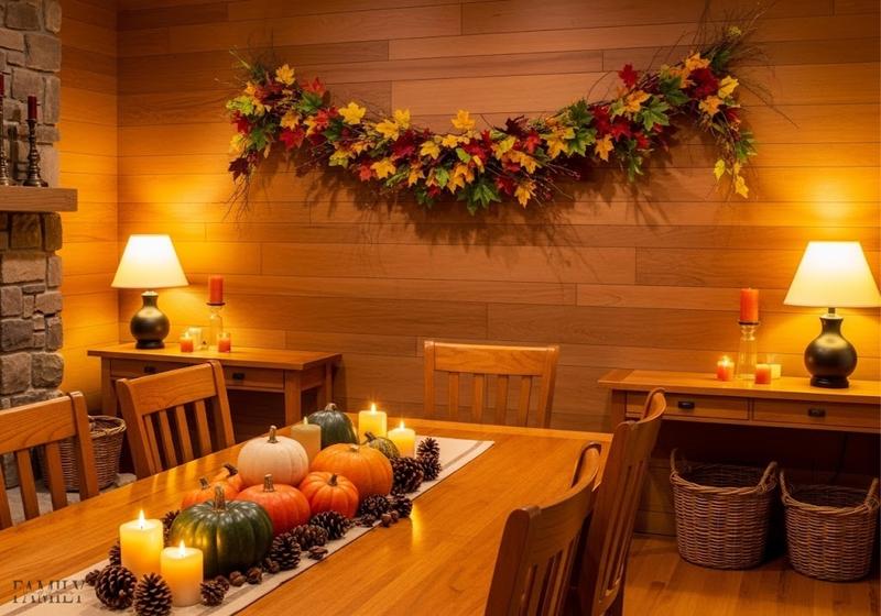 Rustic dining room with fall leaf garland pinned naturally on wooden frame, cozy autumn decor.