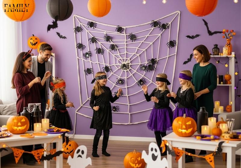 Kids playing “Pin the Spider on the Web” Halloween game with festive wall decorations