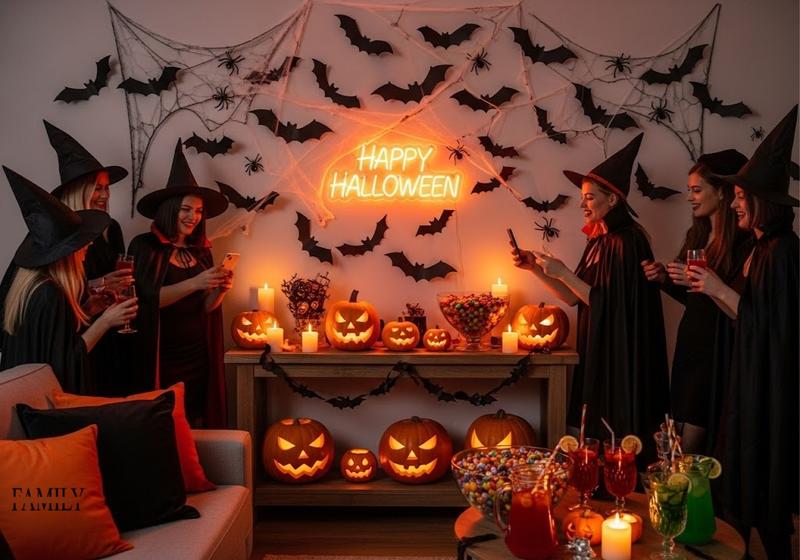 Budget-friendly Halloween party wall with glow-in-the-dark spider webs, neon sign, pumpkins, and costumed guests celebrating