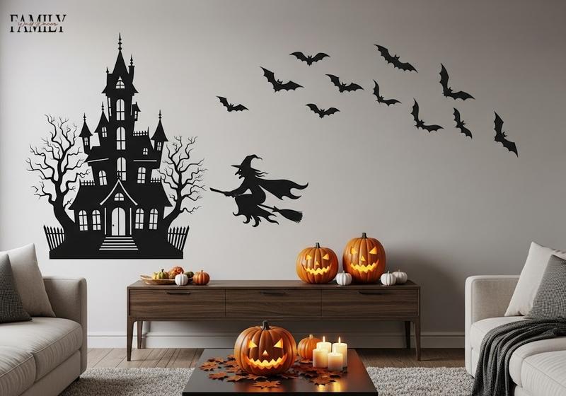 Minimal Halloween living room with haunted house, witch silhouette, and a few bats on wall, cozy neutral furniture, candles, and pumpkins for a warm spooky vibe.