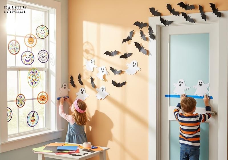 Kid-friendly DIY Halloween wall decorations with paper bats, ghost cutouts, and colorful suncatchers near a sunny window.