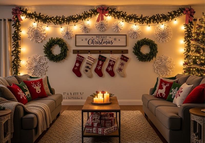 Cozy Christmas living room with garland, stockings, wreaths, paper snowflakes, and festive pillows on two sofas around a candlelit coffee table.