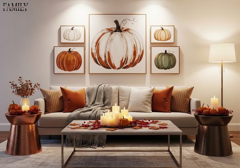Elegant modern living room with abstract pumpkin canvas wall art, neutral sofa, autumn decor accents, and warm Thanksgiving ambiance