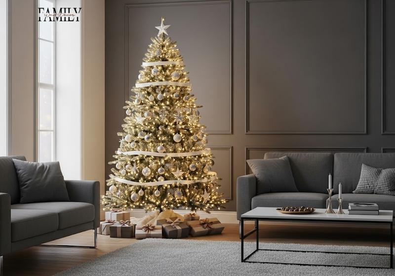 Pre-lit LED Christmas tree with warm white lights and minimal metallic ornaments in a modern gray-walled living room