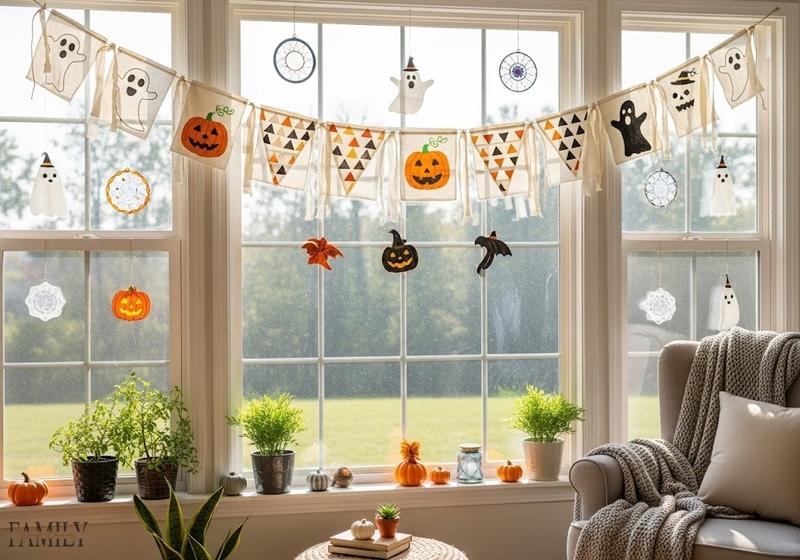 Bright living room with upcycled fabric Halloween banners, Halloween suncatchers, and cozy fall décor near a large window.