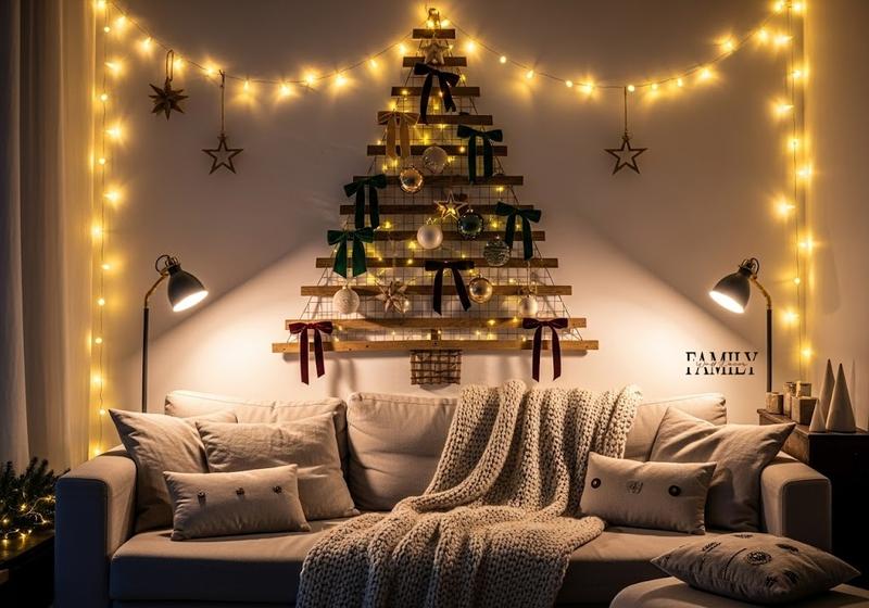 Cozy rustic living room with DIY lattice Christmas tree decorated with lights and ribbons.