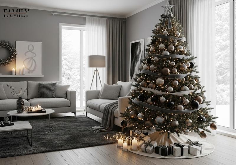 Modern Christmas tree with matte black, brushed silver, and bronze ornaments, charcoal ribbon, cream tree skirt, and warm lights in a gray living room