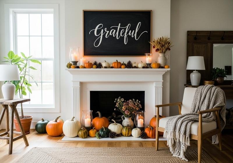 Rustic living room with faux chalkboard 'Grateful' canvas and autumn mantel decor.