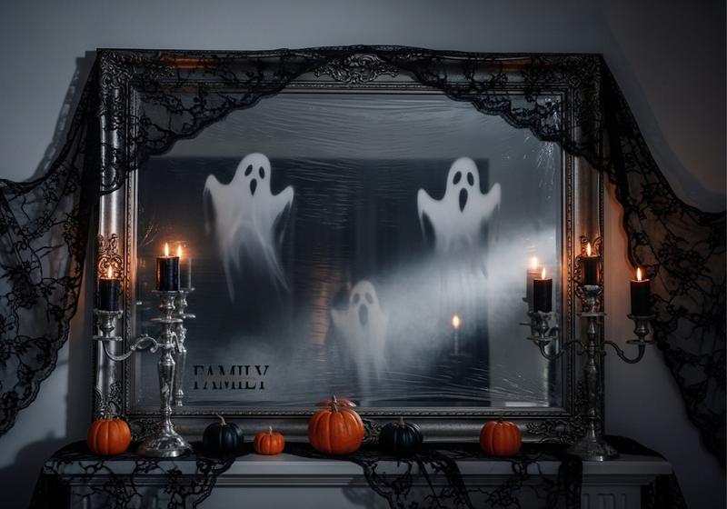 Haunted mirror with ghostly shapes and smoky gradients, surrounded by gothic candlesticks and pumpkins for a spooky-chic Halloween look.