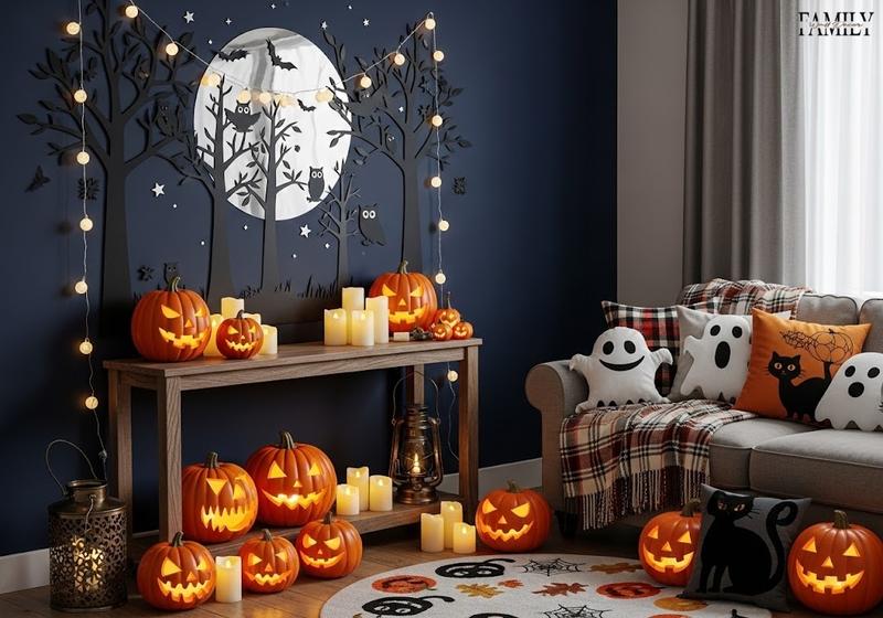 Cozy living room decorated with mystical moonlit forest Halloween wall art, pumpkins, candles, and string lights for a magical home atmosphere