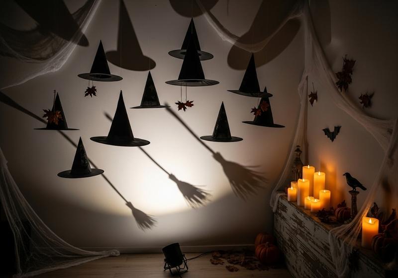 Halloween wall display with floating witch hats casting broom-shaped shadows, surrounded by subtle cobwebs and glowing candles for an eerie, minimalist vibe.