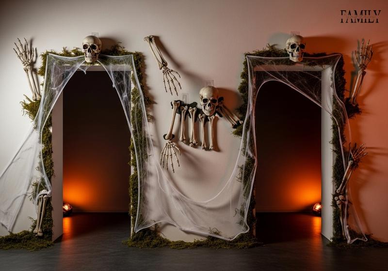 Skeleton hands and skulls emerging from a wall with moss and cobwebs, creating a spooky Halloween illusion with warm orange lighting.