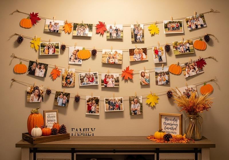 Thanksgiving photo memory wall with clip-string photos, paper leaves, and seasonal accents in a cozy living room.