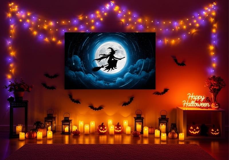 A Halloween wall with bright orange and purple lights, witch moon canvas, candles, bats, and pumpkins.