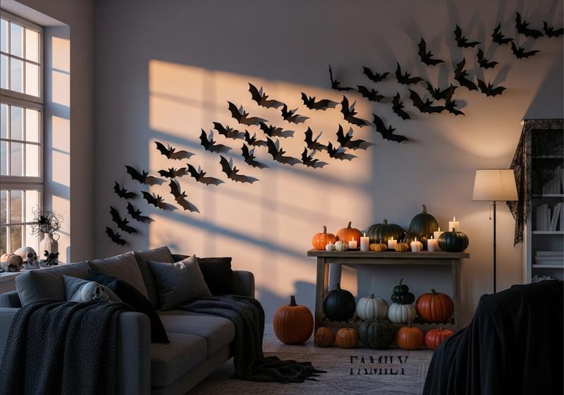 Stylish Halloween living room with black paper bats in motion on the wall, casting eerie shadows, and pumpkins and candles adding spooky charm.