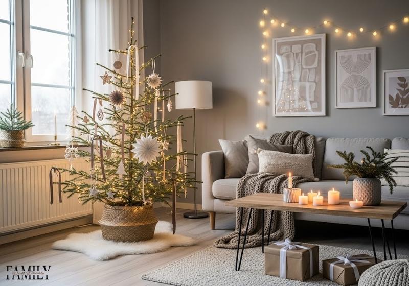 Minimalist Scandinavian-inspired Christmas tree with wooden ornaments and warm white lights in a cozy gray-walled living room.