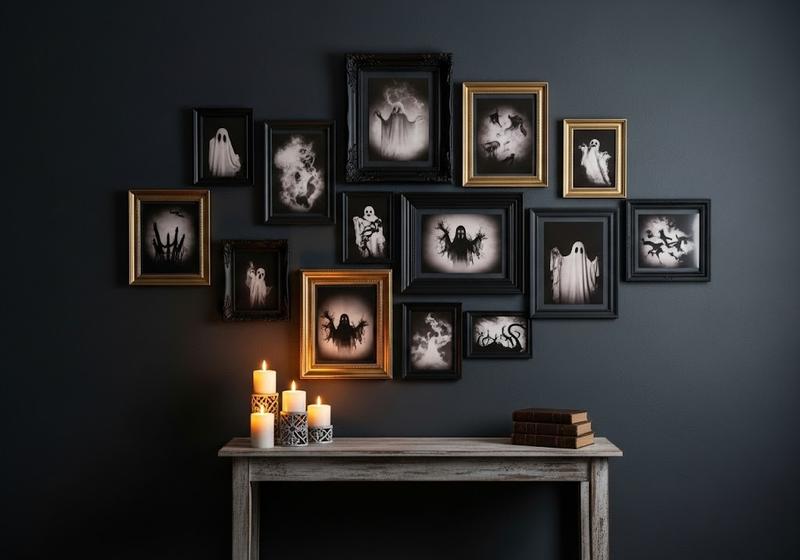 Haunted photo gallery with mismatched vintage frames and eerie portraits, dim candle-lit console table below.