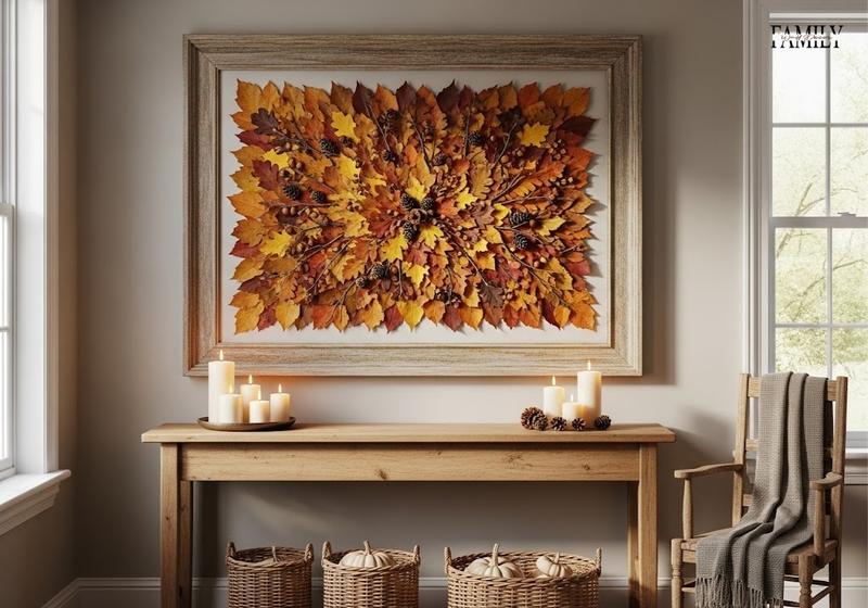 Rustic living room wall with old wooden frame 3D leaf collage, autumn decor and warm lighting.