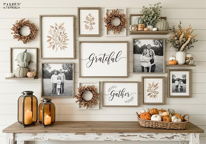 Calm farmhouse gallery wall with muted berry wreaths, framed family photos, and soft autumn accents.