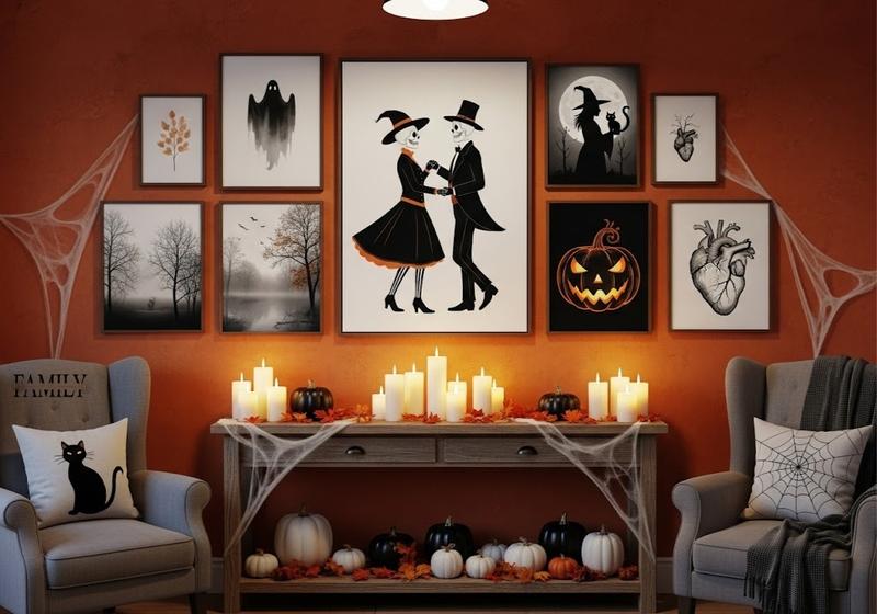 Halloween gallery wall with spooky canvas art, candles, pumpkins, and spider webs