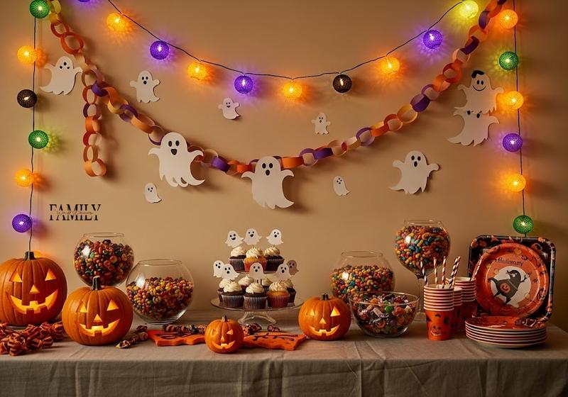 Halloween party wall decorated with paper chain ghosts and string lights, party table setup below