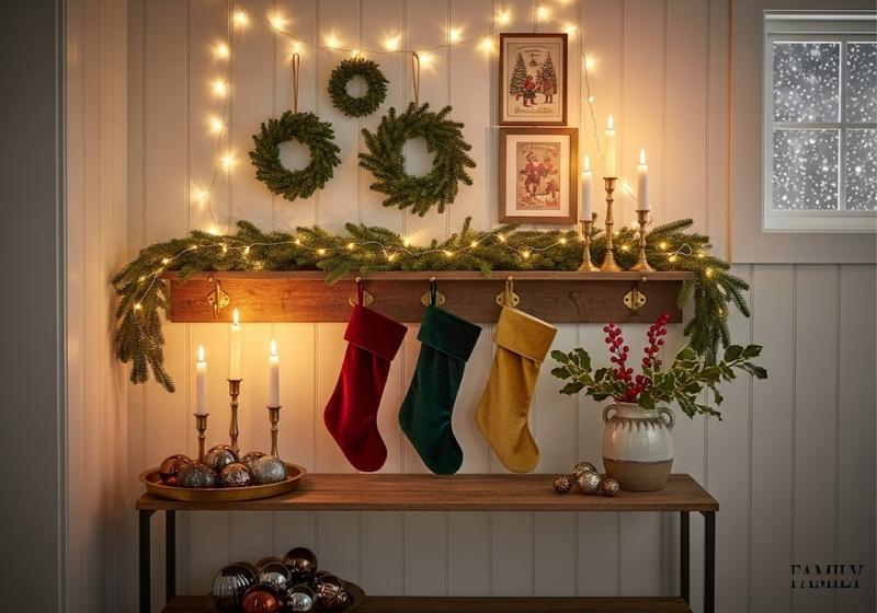 Cozy entryway nook with mini wreaths, string lights, stockings, and evergreen garland.
