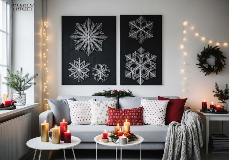 Minimalist Scandinavian Christmas living room with geometric string art snowflake wall decor, festive pillows, candles, and subtle pine greenery