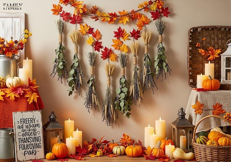 Thanksgiving wall with dried flower bouquets, pumpkins, candles, and fall leaf garlands.