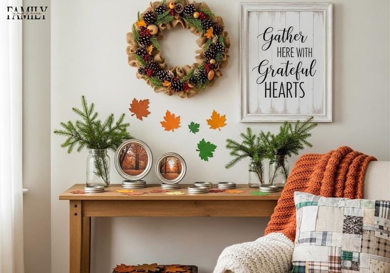 Cozy living room decorated for Thanksgiving transitioning to winter with eco‑friendly elements like a burlap wreath, evergreen sprigs, and upcycled photo frames.