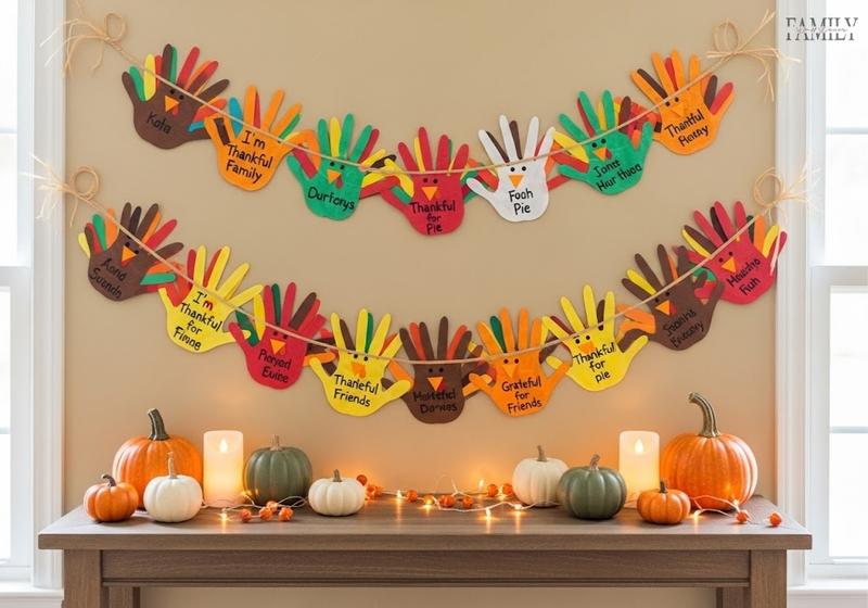 Colorful handprint turkey banner made by kids, with messages of gratitude, displayed above a fall-themed table with pumpkins and candles."