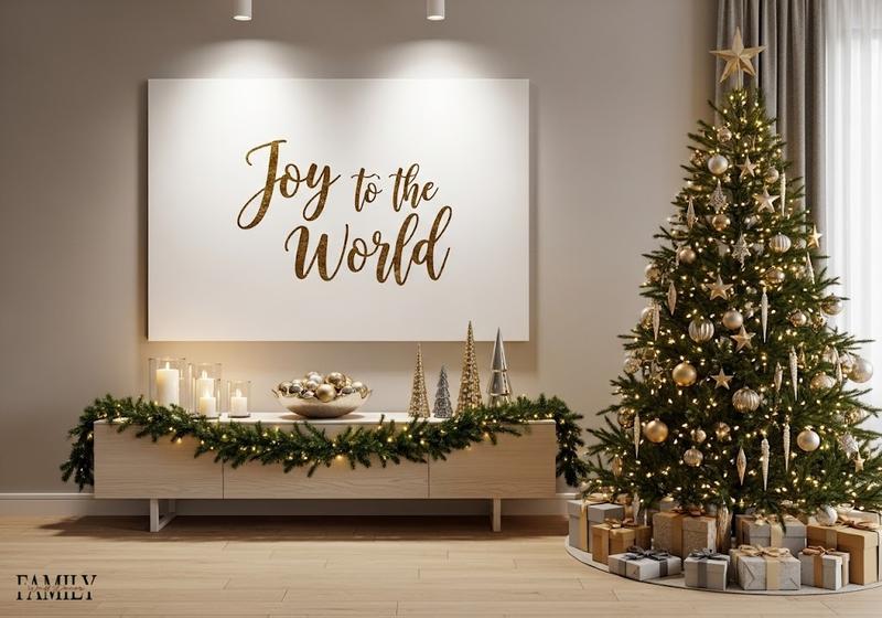 Elegant holiday living room with a metallic gold “Joy to the World” canvas above a festive console table, candles, garland, and a decorated Christmas tree.