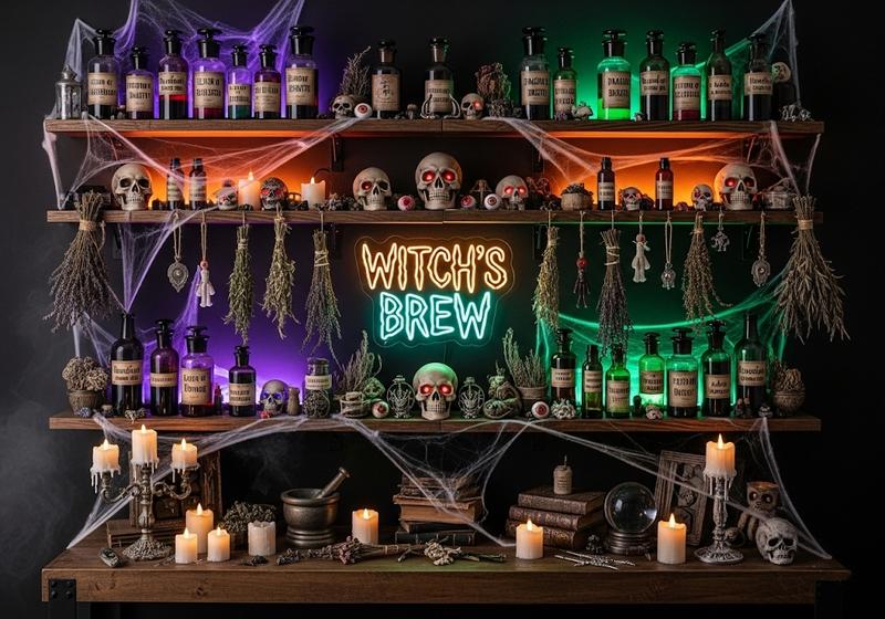 Witch apothecary wall with floating shelves of potion bottles, dried herbs, skulls, and glowing neon sign for an immersive Halloween vibe.