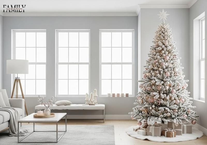 Flocked Christmas tree with blush pink, champagne, and ivory ornaments in a gray living room, accented with a white faux fur skirt and minimal modern décor.