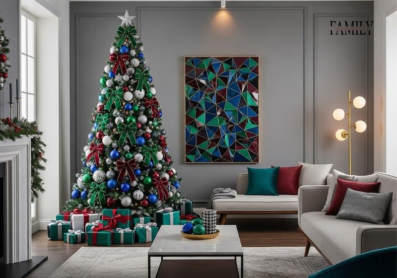 Modern gray living room with jewel-tone Christmas tree, geometric art, and matching gifts