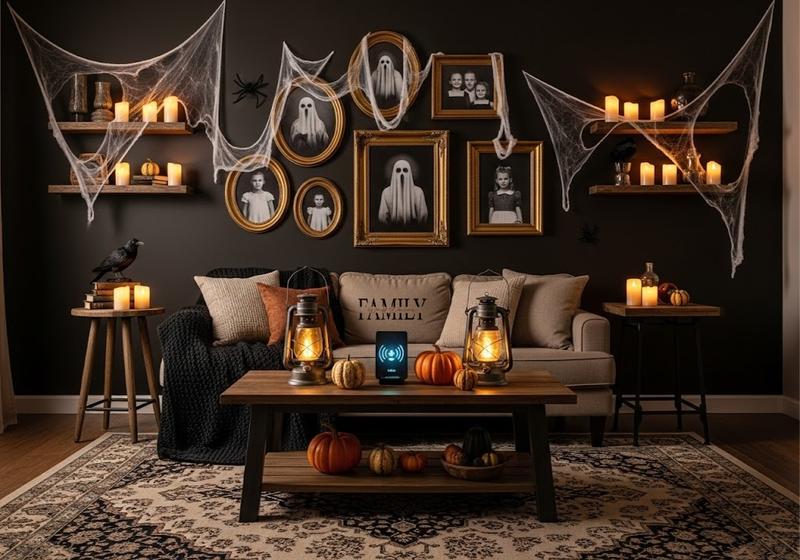 Haunted vintage Halloween photo wall in a cozy living room with ghostly portraits, faux spiderwebs, glowing candles, and subtle spooky home accents.