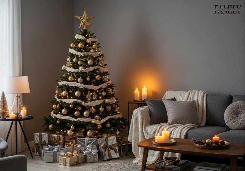 Modern Christmas tree with gold ornaments and cream ribbons in a gray-walled living room styled with cozy seasonal accents