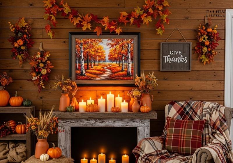 Rustic Thanksgiving living room wall decor with leaf garlands, wood sign.
