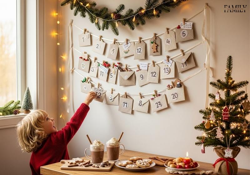 DIY advent calendar wall pocket made from mini envelopes on a ribbon, numbered and filled with surprises in a cozy family dining room