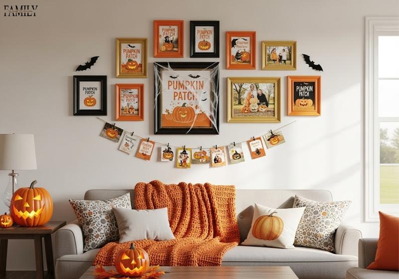 Bright fall-inspired living room photo wall with pumpkin patch memories, string scrapbook photos, and subtle Halloween touches like Jack-O’-Lanterns, bats, and spiderwebs.