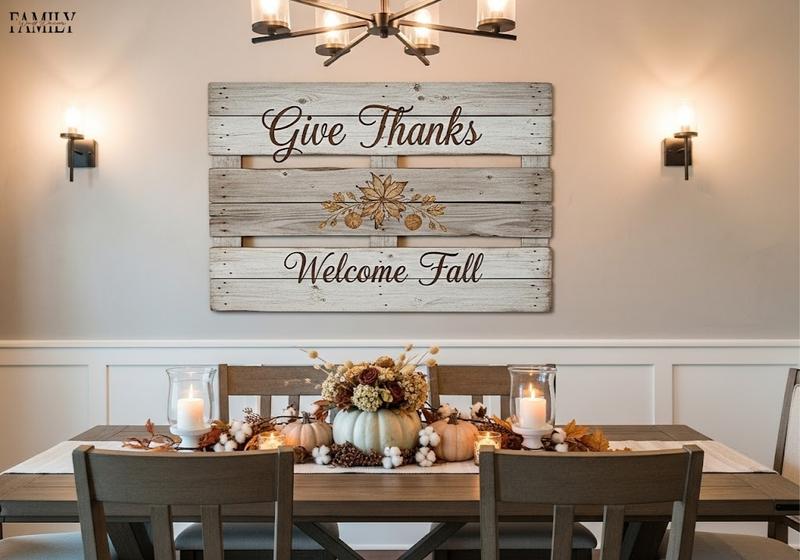 Modern rustic dining room with distressed pallet sign and elegant fall table centerpiece.