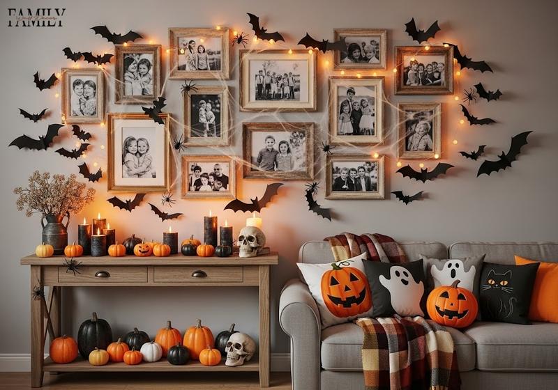 Halloween photo wall with framed black and white photos, paper bats, spider webs, string lights, and festive seasonal accents in a cozy living room