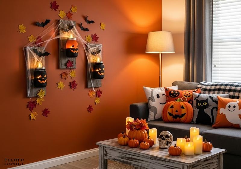 Halloween living room with mason jar sconces, themed pillows, pumpkins, candles, and skull